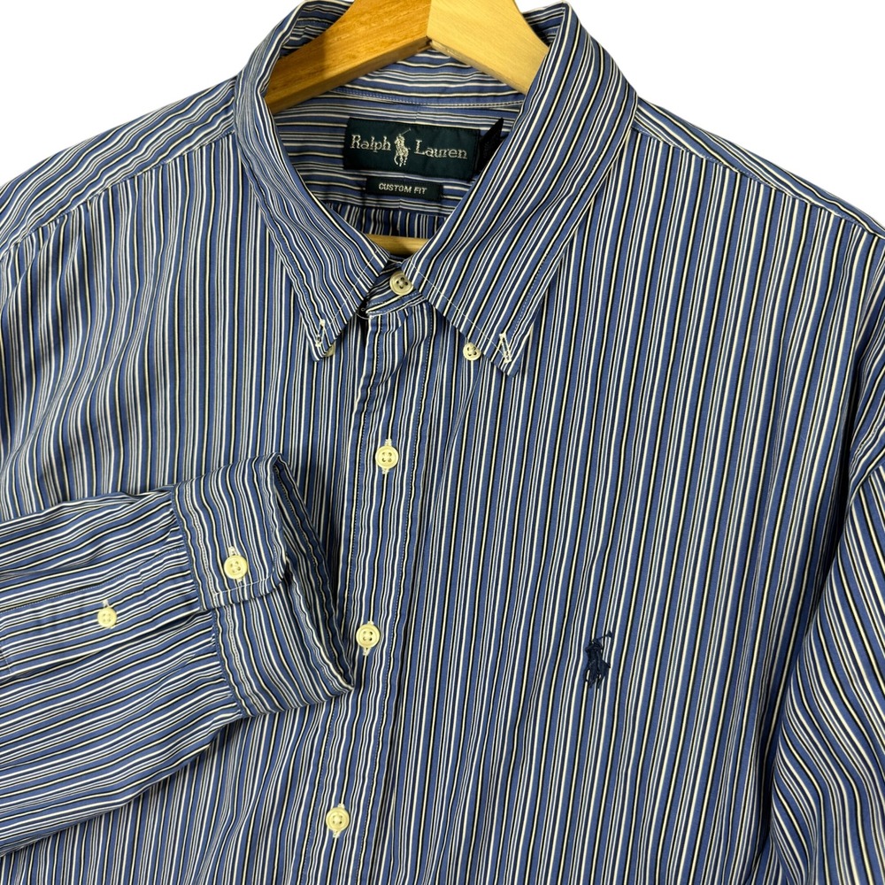 Ralph Lauren Custom Fit Striped Button Up Shirt Mens XXL Blue White Long Sleeve